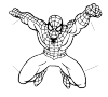 Spiderman, the protagonist from the film of the same name. He is crouched and looks straight into the eyes. His left arm with a clenched fist stretches forward. While his stretched right arm is pointing backwards.
